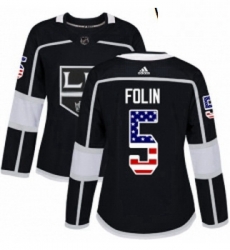 Womens Adidas Los Angeles Kings 5 Christian Folin Authentic Black USA Flag Fashion NHL Jersey 