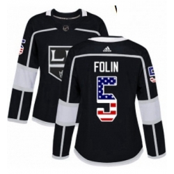 Womens Adidas Los Angeles Kings 5 Christian Folin Authentic Black USA Flag Fashion NHL Jersey 