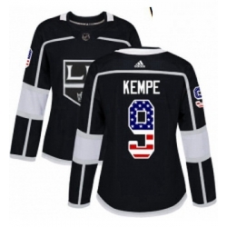 Womens Adidas Los Angeles Kings 9 Adrian Kempe Authentic Black USA Flag Fashion NHL Jersey 