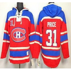 Montreal Canadiens 31 Carey Price Red Lace-Up NHL Jersey Hoodies