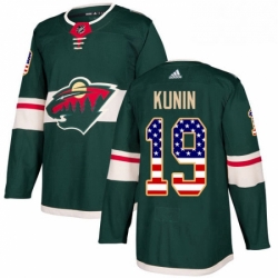 Mens Adidas Minnesota Wild 19 Luke Kunin Authentic Green USA Flag Fashion NHL Jersey 