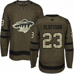 Mens Adidas Minnesota Wild 23 Gustav Olofsson Authentic Green Salute to Service NHL Jersey 