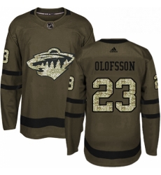 Mens Adidas Minnesota Wild 23 Gustav Olofsson Premier Green Salute to Service NHL Jersey 