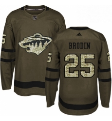 Mens Adidas Minnesota Wild 25 Jonas Brodin Premier Green Salute to Service NHL Jersey 