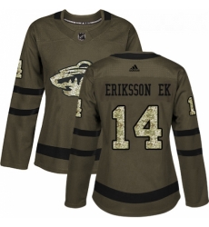 Womens Adidas Minnesota Wild 14 Joel Eriksson Ek Authentic Green Salute to Service NHL Jersey 