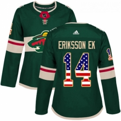 Womens Adidas Minnesota Wild 14 Joel Eriksson Ek Authentic Green USA Flag Fashion NHL Jersey 