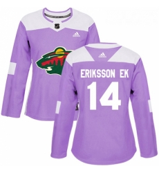 Womens Adidas Minnesota Wild 14 Joel Eriksson Ek Authentic Purple Fights Cancer Practice NHL Jersey 