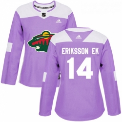 Womens Adidas Minnesota Wild 14 Joel Eriksson Ek Authentic Purple Fights Cancer Practice NHL Jersey 