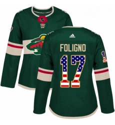Womens Adidas Minnesota Wild 17 Marcus Foligno Authentic Green USA Flag Fashion NHL Jersey 