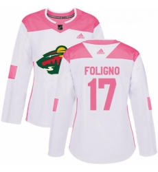 Womens Adidas Minnesota Wild 17 Marcus Foligno Authentic WhitePink Fashion NHL Jersey 