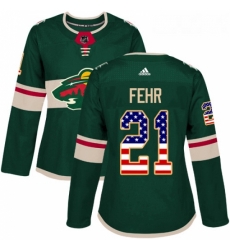 Womens Adidas Minnesota Wild 21 Eric Fehr Authentic Green USA Flag Fashion NHL Jersey 