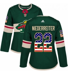 Womens Adidas Minnesota Wild 22 Nino Niederreiter Authentic Green USA Flag Fashion NHL Jersey 