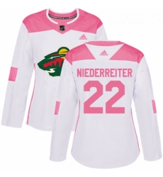 Womens Adidas Minnesota Wild 22 Nino Niederreiter Authentic WhitePink Fashion NHL Jersey 