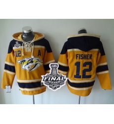 Predators #12 Mike Fisher Yellow Sawyer Hooded Sweatshirt 2017 Stanley Cup Final Patch Stitched NHL Jersey