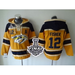 Predators #12 Mike Fisher Yellow Sawyer Hooded Sweatshirt 2017 Stanley Cup Final Patch Stitched NHL Jersey