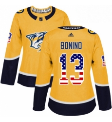 Womens Adidas Nashville Predators 13 Nick Bonino Authentic Gold USA Flag Fashion NHL Jersey 