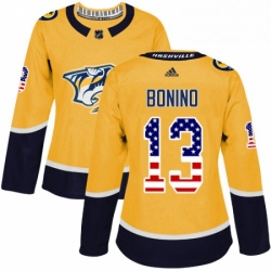 Womens Adidas Nashville Predators 13 Nick Bonino Authentic Gold USA Flag Fashion NHL Jersey 