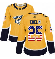 Womens Adidas Nashville Predators 25 Alexei Emelin Authentic Gold USA Flag Fashion NHL Jersey 