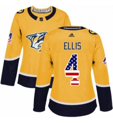 Womens Adidas Nashville Predators 4 Ryan Ellis Authentic Gold USA Flag Fashion NHL Jersey 