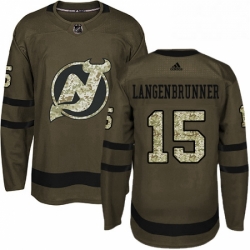 Mens Adidas New Jersey Devils 15 Jamie Langenbrunner Authentic Green Salute to Service NHL Jersey 