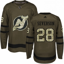 Mens Adidas New Jersey Devils 28 Damon Severson Authentic Green Salute to Service NHL Jersey 