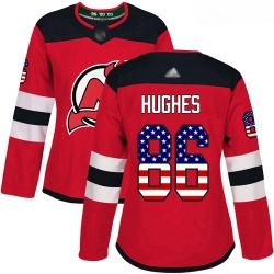 Devils #86 Jack Hughes Red Home Authentic USA Flag Women Stitched Hockey Jersey