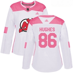 Devils #86 Jack Hughes White Pink Authentic Fashion Women Stitched Hockey Jersey