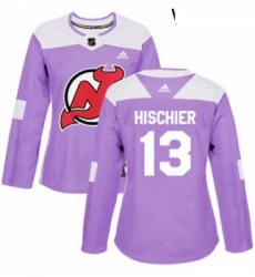 Womens Adidas New Jersey Devils 13 Nico Hischier Authentic Purple Fights Cancer Practice NHL Jersey 