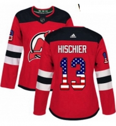 Womens Adidas New Jersey Devils 13 Nico Hischier Authentic Red USA Flag Fashion NHL Jersey 
