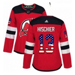 Womens Adidas New Jersey Devils 13 Nico Hischier Authentic Red USA Flag Fashion NHL Jersey 