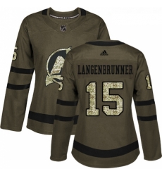 Womens Adidas New Jersey Devils 15 Jamie Langenbrunner Authentic Green Salute to Service NHL Jersey 