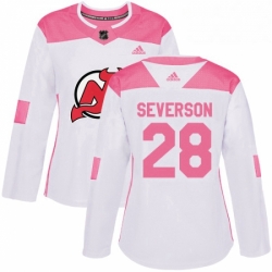 Womens Adidas New Jersey Devils 28 Damon Severson Authentic WhitePink Fashion NHL Jersey 