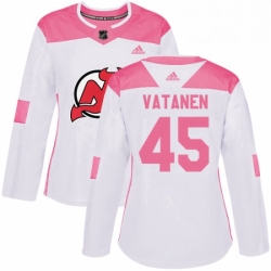 Womens Adidas New Jersey Devils 45 Sami Vatanen Authentic White Pink Fashion NHL Jersey 