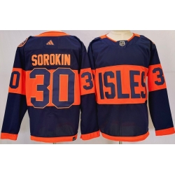 Men New York Islanders 30 Ilya Sorokin Navy 2024 With Stadium Series Patch Stitched Jersey