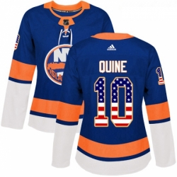 Womens Adidas New York Islanders 10 Alan Quine Authentic Royal Blue USA Flag Fashion NHL Jersey 