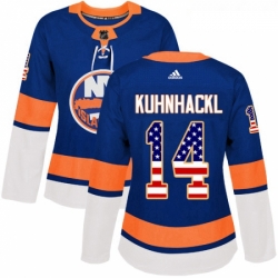 Womens Adidas New York Islanders 14 Tom Kuhnhackl Authentic Royal Blue USA Flag Fashion NHL Jersey 