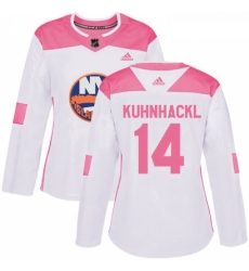 Womens Adidas New York Islanders 14 Tom Kuhnhackl Authentic White Pink Fashion NHL Jersey 
