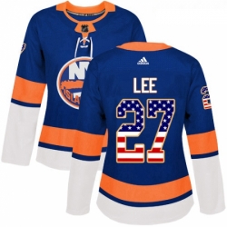 Womens Adidas New York Islanders 27 Anders Lee Authentic Royal Blue USA Flag Fashion NHL Jersey 