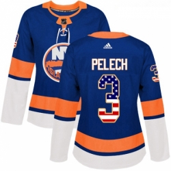 Womens Adidas New York Islanders 3 Adam Pelech Authentic Royal Blue USA Flag Fashion NHL Jersey 