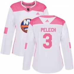 Womens Adidas New York Islanders 3 Adam Pelech Authentic White Pink Fashion NHL Jersey 