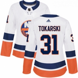 Womens Adidas New York Islanders 31 Dustin Tokarski Authentic White Away NHL Jersey 