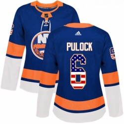 Womens Adidas New York Islanders 6 Ryan Pulock Authentic Royal Blue USA Flag Fashion NHL Jersey 
