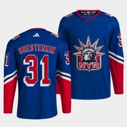 Men New York Rangers 31 Igor Shesterkin Blue 2022 Reverse Retro Stitched Jersey