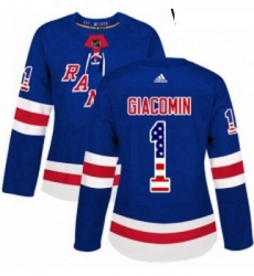 Womens Adidas New York Rangers 1 Eddie Giacomin Authentic Royal Blue USA Flag Fashion NHL Jersey 