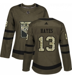 Womens Adidas New York Rangers 13 Kevin Hayes Authentic Green Salute to Service NHL Jersey 