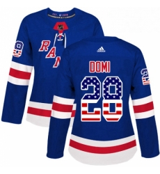 Womens Adidas New York Rangers 28 Tie Domi Authentic Royal Blue USA Flag Fashion NHL Jersey 