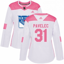 Womens Adidas New York Rangers 31 Ondrej Pavelec Authentic WhitePink Fashion NHL Jersey 