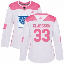 Womens Adidas New York Rangers 33 Fredrik Claesson Authentic White Pink Fashion NHL Jersey 