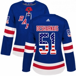 Womens Adidas New York Rangers 51 David Desharnais Authentic Royal Blue USA Flag Fashion NHL Jersey 