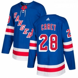 Youth Adidas New York Rangers 28 Paul Carey Authentic Royal Blue Home NHL Jersey 